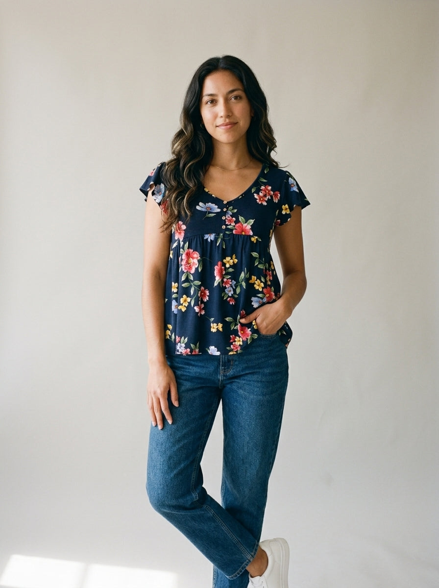 Blusa Ambiance Estampado Floral | Azul Marino y Amarillo