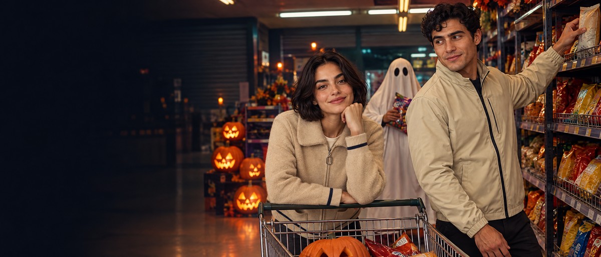 Próxima colección de invierno Vertical Eagle: chamarra khaki y suéter camel en una escena de Halloween